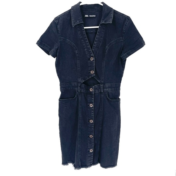 ZARA Washed Black Denim Button Front Collar Short Sleeve Denim Above Knee Dress - Picture 5 of 9